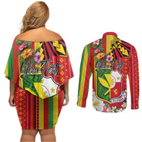 Personalised Hawaii and Philippines Together Couples Matching Off Shoulder Short Dress and Long Sleeve Button Shirt The Emblems with Cultural Symbols Green-Yellow-Red Tricolor