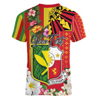 Personalised Hawaii and Philippines Together Women V-Neck T-Shirt The Emblems with Cultural Symbols Green-Yellow-Red Tricolor