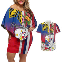 Personalised Hawaii and Philippines Together Couples Matching Off Shoulder Short Dress and Hawaiian Shirt The Emblems with Cultural Symbols Blue-White-Red Tricolor
