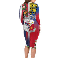 Personalised Hawaii and Philippines Together Long Sleeve Bodycon Dress The Emblems with Cultural Symbols Blue-White-Red Tricolor