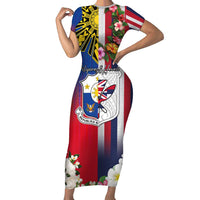 Personalised Hawaii and Philippines Together Short Sleeve Bodycon Dress The Emblems with Cultural Symbols Blue-White-Red Tricolor