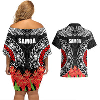 Samoa Siapo Ula Fala Couples Matching Off Shoulder Short Dress and Hawaiian Shirt With Ginger Plant Black Color LT03 - Polynesian Pride