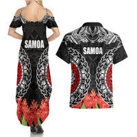 Samoa Siapo Ula Fala Couples Matching Summer Maxi Dress and Hawaiian Shirt With Ginger Plant Black Color LT03 - Polynesian Pride