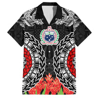 Samoa Siapo Ula Fala Family Matching Tank Maxi Dress and Hawaiian Shirt With Ginger Plant Black Color LT03 Dad's Shirt - Short Sleeve Black - Polynesian Pride
