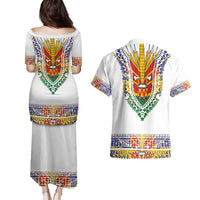 Haiti Flag Traditional Dashiki Couples Matching Puletasi and Hawaiian Shirt White Color - Polynesian Pride