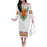 Haiti Flag Traditional Dashiki Family Matching Off The Shoulder Long Sleeve Dress and Hawaiian Shirt White Color - Polynesian Pride