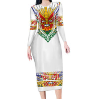 Haiti Flag Traditional Dashiki Long Sleeve Bodycon Dress White Color - Polynesian Pride
