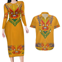 Haiti Flag Traditional Dashiki Couples Matching Long Sleeve Bodycon Dress and Hawaiian Shirt Yellow Color - Polynesian Pride
