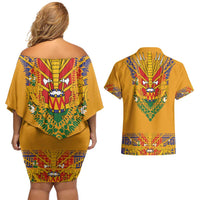 Haiti Flag Traditional Dashiki Couples Matching Off Shoulder Short Dress and Hawaiian Shirt Yellow Color - Polynesian Pride
