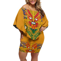 Haiti Flag Traditional Dashiki Off Shoulder Short Dress Yellow Color - Polynesian Pride