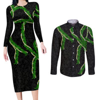 Hawaii Maile Lei Couples Matching Long Sleeve Bodycon Dress and Long Sleeve Button Shirt Aloha Black Color LT03 Black - Polynesian Pride