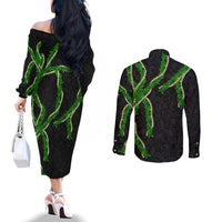 Hawaii Maile Lei Couples Matching Off The Shoulder Long Sleeve Dress and Long Sleeve Button Shirt Aloha Black Color LT03 - Polynesian Pride