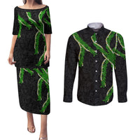 Hawaii Maile Lei Couples Matching Puletasi and Long Sleeve Button Shirt Aloha Black Color LT03 Black - Polynesian Pride