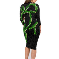 Hawaii Maile Lei Family Matching Long Sleeve Bodycon Dress and Hawaiian Shirt Aloha Black Color