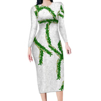 Hawaii Maile Lei Long Sleeve Bodycon Dress Aloha White Color