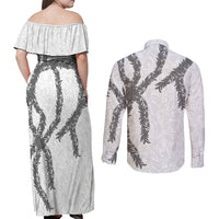 Hawaii Maile Lei Couples Matching Off Shoulder Maxi Dress and Long Sleeve Button Shirt Aloha The Grey Color LT03 - Polynesian Pride