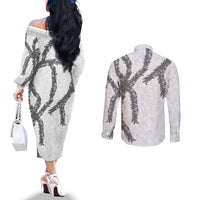 Hawaii Maile Lei Couples Matching Off The Shoulder Long Sleeve Dress and Long Sleeve Button Shirt Aloha The Grey Color LT03 - Polynesian Pride
