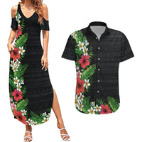 Hawaii Tropical Flowers and Leaves Couples Matching Summer Maxi Dress and Hawaiian Shirt Tapa Pattern Colorful Mode