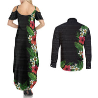 Hawaii Tropical Flowers and Leaves Couples Matching Summer Maxi Dress and Long Sleeve Button Shirt Tapa Pattern Colorful Mode LT03 - Polynesian Pride