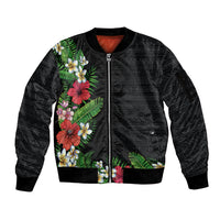 Hawaii Tropical Flowers and Leaves Sleeve Zip Bomber Jacket Tapa Pattern Colorful Mode LT03 Unisex Black - Polynesian Pride