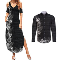 Hawaii Tropical Flowers and Leaves Couples Matching Summer Maxi Dress and Long Sleeve Button Shirt Tapa Pattern Grayscale Mode LT03 Grayscale - Polynesian Pride