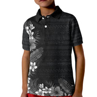 Hawaii Tropical Flowers and Leaves Kid Polo Shirt Tapa Pattern Grayscale Mode