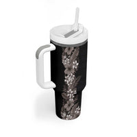 Hawaii Tropical Flowers and Leaves Tumbler With Handle Tapa Pattern Grayscale Mode