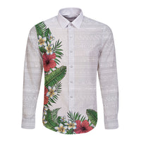 Hawaii Tropical Flowers and Leaves Long Sleeve Button Shirt Tapa Pattern White Mode