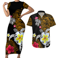 Hawaii Turtle and Tropical Flower Couples Matching Short Sleeve Bodycon Dress and Hawaiian Shirt Polynesian Pattern LT03 Black - Polynesian Pride