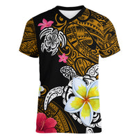 Hawaii Turtle and Tropical Flower Women V-Neck T-Shirt Polynesian Pattern