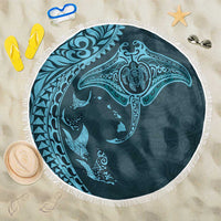 Hawaiian Manta Ray and Polynesian Tribal Tattoo Beach Blanket Turquoise Color LT03