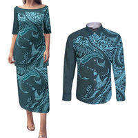 Hawaiian Manta Ray and Polynesian Tribal Tattoo Couples Matching Puletasi and Long Sleeve Button Shirt Turquoise Color LT03
