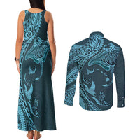 Hawaiian Manta Ray and Polynesian Tribal Tattoo Couples Matching Tank Maxi Dress and Long Sleeve Button Shirt Turquoise Color LT03