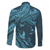 Hawaiian Manta Ray and Polynesian Tribal Tattoo Family Matching Long Sleeve Bodycon Dress and Hawaiian Shirt Turquoise Color LT03