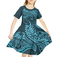 Hawaiian Manta Ray and Polynesian Tribal Tattoo Kid Short Sleeve Dress Turquoise Color LT03