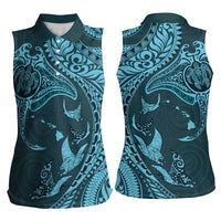 Hawaiian Manta Ray and Polynesian Tribal Tattoo Women Sleeveless Polo Shirt Turquoise Color LT03