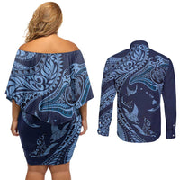 Hawaiian Manta Ray and Polynesian Tribal Tattoo Couples Matching Off Shoulder Short Dress and Long Sleeve Button Shirt Dark Navy Color LT03