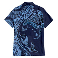 Hawaiian Manta Ray and Polynesian Tribal Tattoo Family Matching Puletasi and Hawaiian Shirt Dark Navy Color LT03