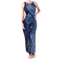 Hawaiian Manta Ray and Polynesian Tribal Tattoo Family Matching Tank Maxi Dress and Hawaiian Shirt Dark Navy Color LT03
