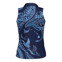 Hawaiian Manta Ray and Polynesian Tribal Tattoo Women Sleeveless Polo Shirt Dark Navy Color LT03