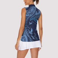 Hawaiian Manta Ray and Polynesian Tribal Tattoo Women Sleeveless Polo Shirt Dark Navy Color LT03
