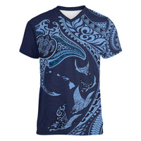 Hawaiian Manta Ray and Polynesian Tribal Tattoo Women V-Neck T-Shirt Dark Navy Color LT03