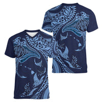 Hawaiian Manta Ray and Polynesian Tribal Tattoo Women V-Neck T-Shirt Dark Navy Color LT03