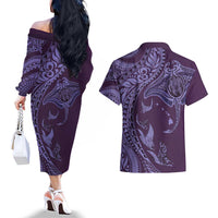 Hawaiian Manta Ray and Polynesian Tribal Tattoo Couples Matching Off The Shoulder Long Sleeve Dress and Hawaiian Shirt Purple Color LT03