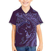 Hawaiian Manta Ray and Polynesian Tribal Tattoo Family Matching Off The Shoulder Long Sleeve Dress and Hawaiian Shirt Purple Color LT03 Son's Shirt Purple - Polynesian Pride