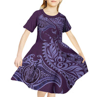 Hawaiian Manta Ray and Polynesian Tribal Tattoo Kid Short Sleeve Dress Purple Color LT03