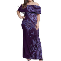 Hawaiian Manta Ray and Polynesian Tribal Tattoo Off Shoulder Maxi Dress Purple Color LT03