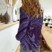 Hawaiian Manta Ray and Polynesian Tribal Tattoo Women Casual Shirt Purple Color LT03