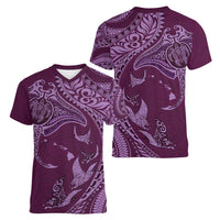 Hawaiian Manta Ray and Polynesian Tribal Tattoo Women V-Neck T-Shirt Pink Color LT03
