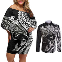 Hawaiian Manta Ray and Polynesian Tribal Tattoo Couples Matching Off Shoulder Short Dress and Long Sleeve Button Shirt Black Color LT03